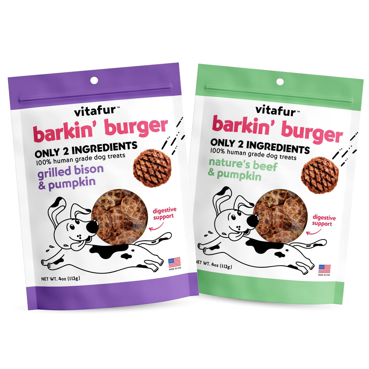 Vitafur Barkin Burger Dog Treats Combo Pack | Bison and Pumpkin + Beef and Pumpkin Grain Free Dog Treats - Only Two Ingredient All Natural Dog Treats - 2 Pack 4 oz Each