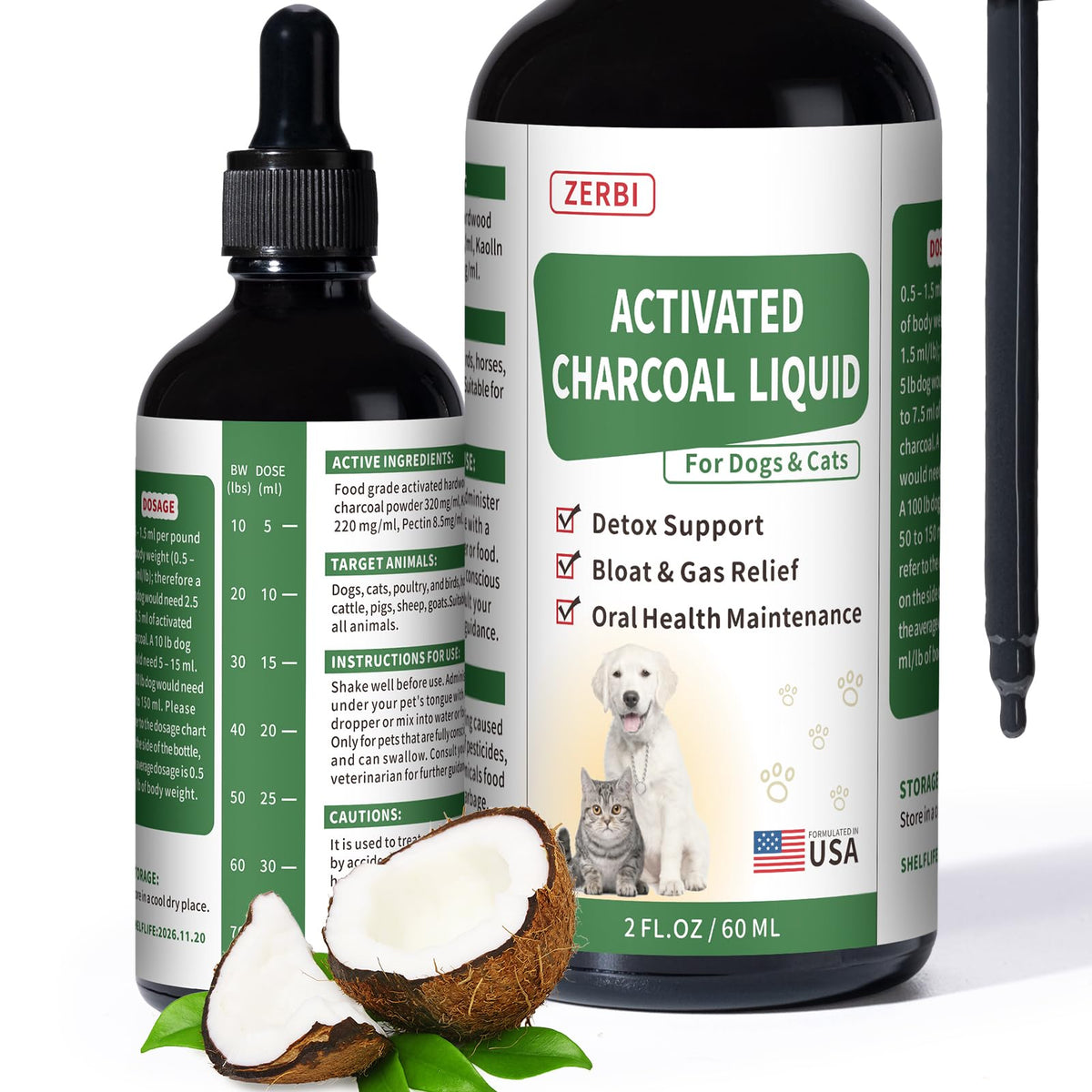 Activated Charcoal Liquid for Dogs – Dog First Aid Essential Ready Rescue for Dogs – Detox Diarrhea & Gas Relief Non-GMO 60ml